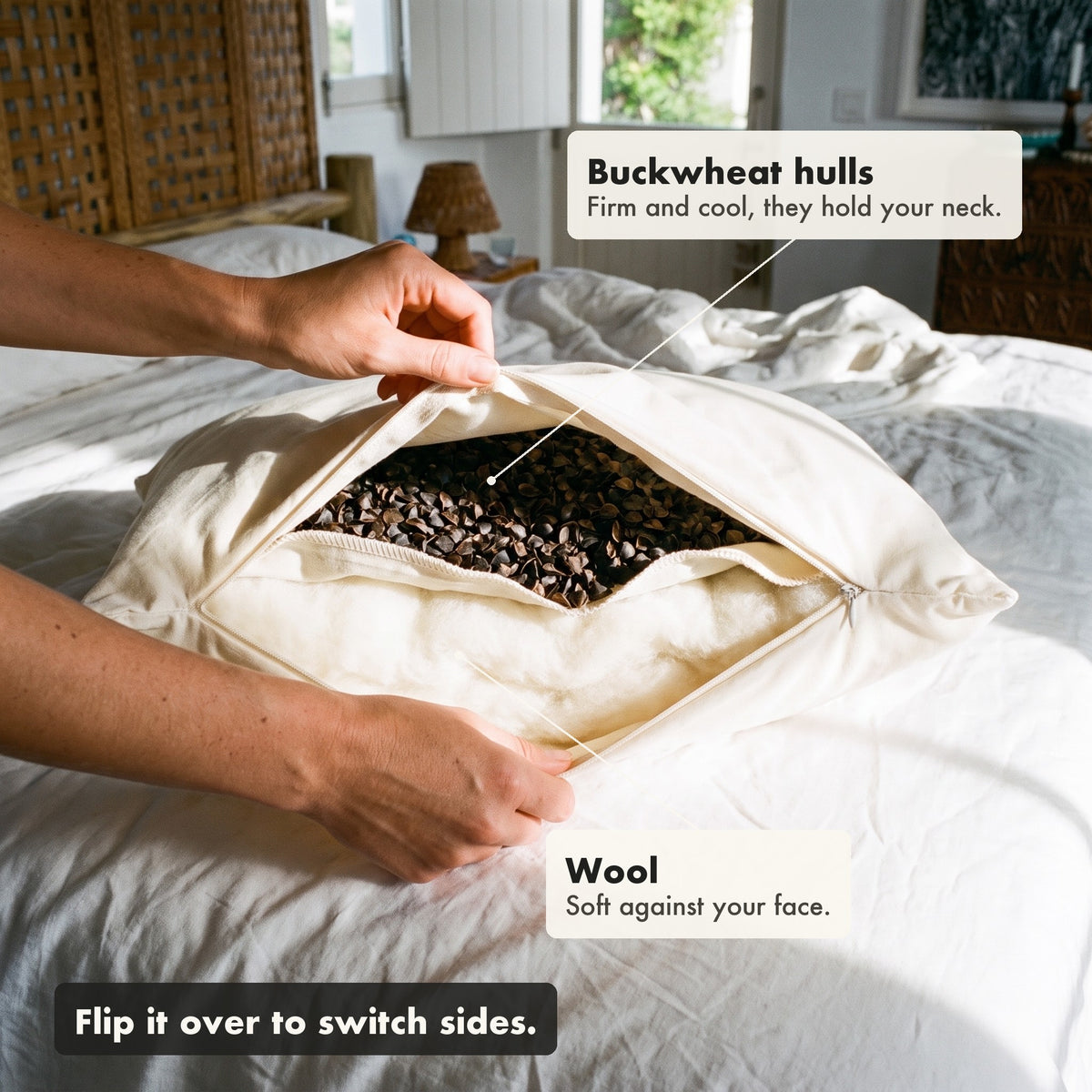 The Buckwool Hybrid Pillow opened to show its two chambers: buckwheat hulls on one side of a fabric divider and wool on the other. Flip it over to switch sides.
