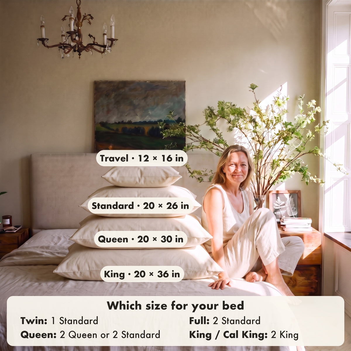 Four Circadian pillows stacked on a bed, largest at the bottom: King 20 by 36 inches, Queen 20 by 30, Standard 20 by 26 and Travel 12 by 16, with a smiling woman sitting beside them for scale. A guide below reads: Twin, 1 Standard; Full, 2 Standard; Queen, 2 Queen or 2 Standard; King or Cal King, 2 King.