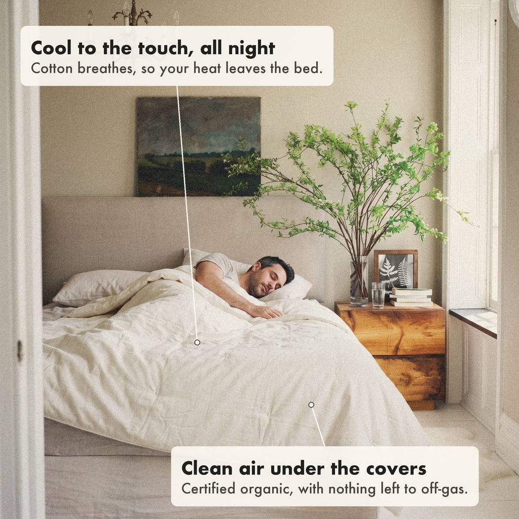 A man asleep under the Circadian Organic Cotton Comforter in a cream bedroom with a vase of branches, with labels reading Cool to the touch, all night and Clean air under the covers.