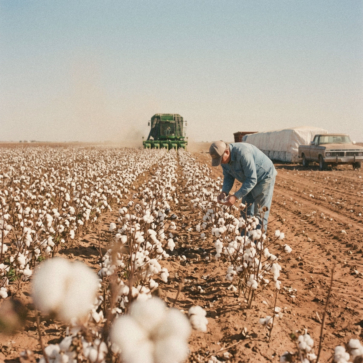 A farmer checks open cotton bolls in a West Texas cotton field.