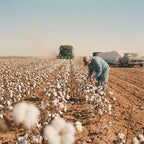 A farmer checks open cotton bolls in a West Texas cotton field while a cotton stripper works the rows behind him.