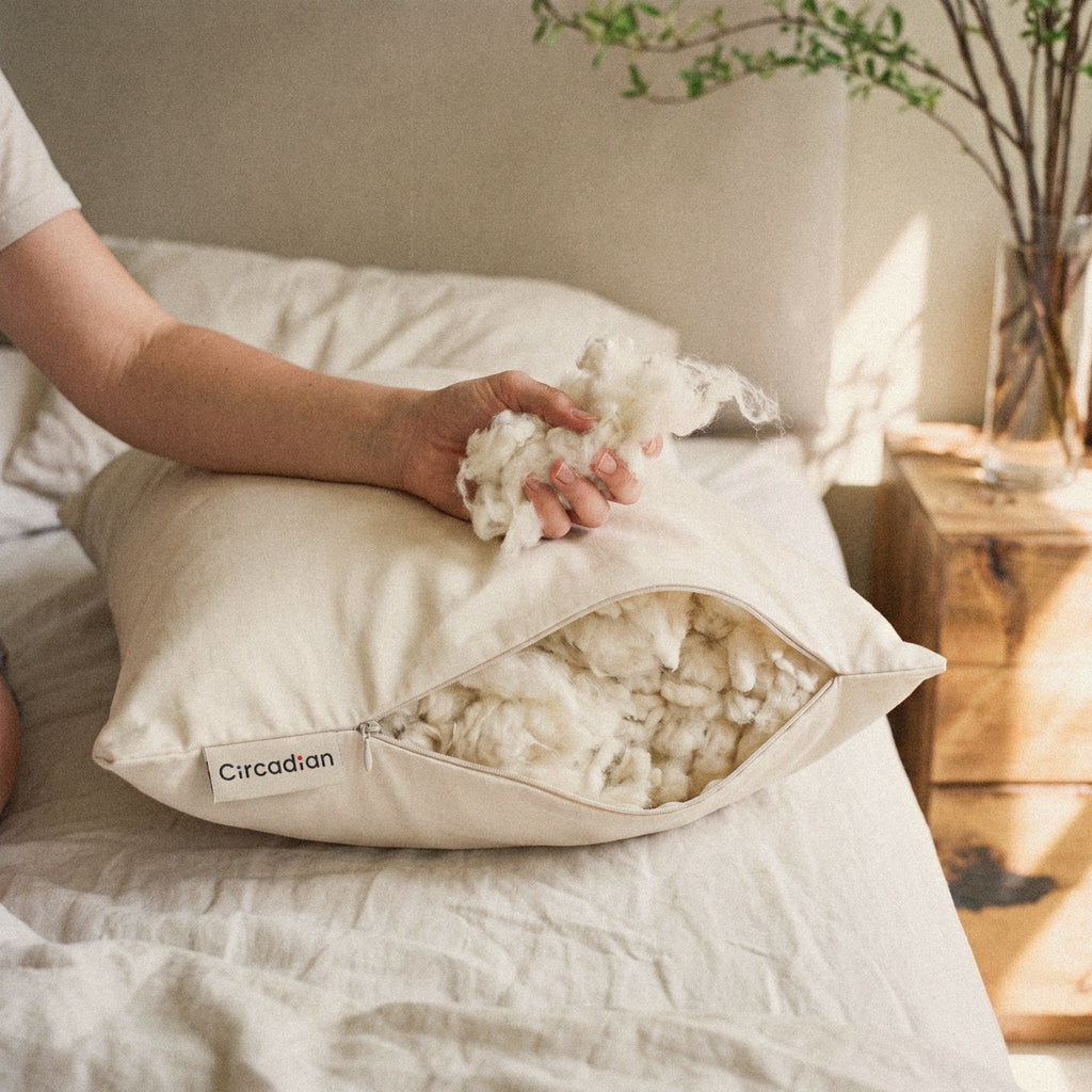 A hand draws a soft tuft of organic cotton out of the open Organic Cotton Pillow on a bed.