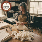 A woman in a New Jersey sewing workshop fills an organic cotton pillow cover with cotton by hand, with a handmade in the USA seal.