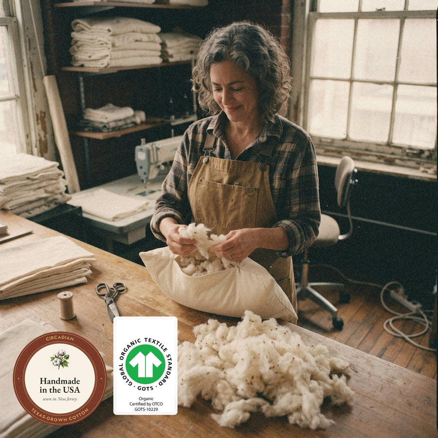 A woman in a New Jersey sewing workshop fills an organic cotton pillow cover with cotton by hand, with a handmade in the USA seal and the Global Organic Textile Standard (GOTS) label: Organic, certified by OTCO, GOTS-10229.