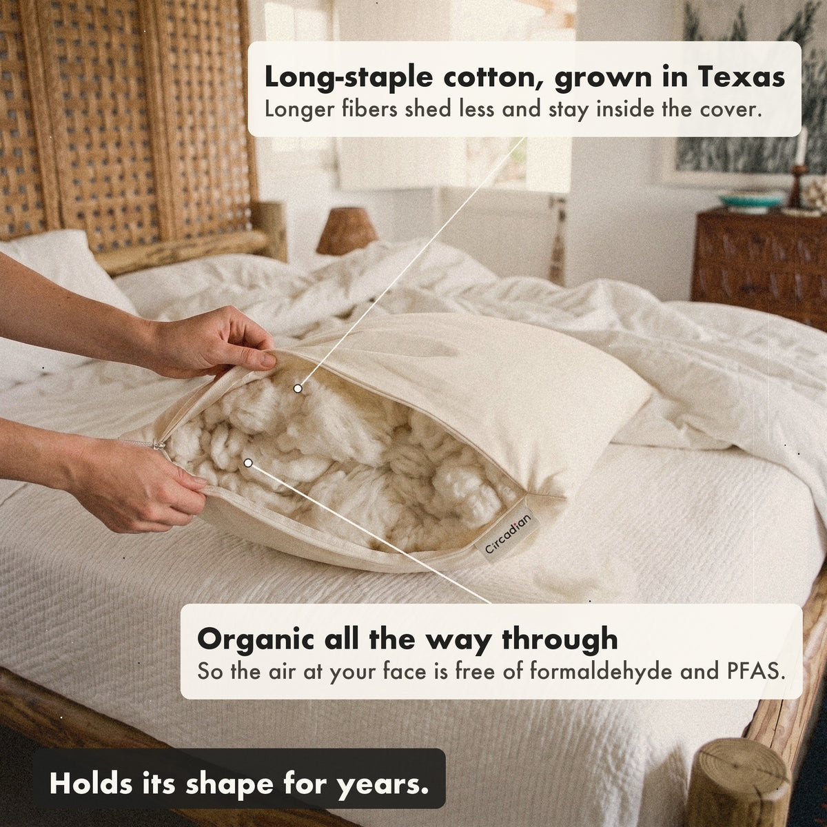 Hands open the zipper of the Organic Cotton Pillow on a bed to show the cotton inside, with labels: long-staple cotton grown in Texas, organic all the way through so the air at your face is free of formaldehyde and PFAS, holds its shape for years.