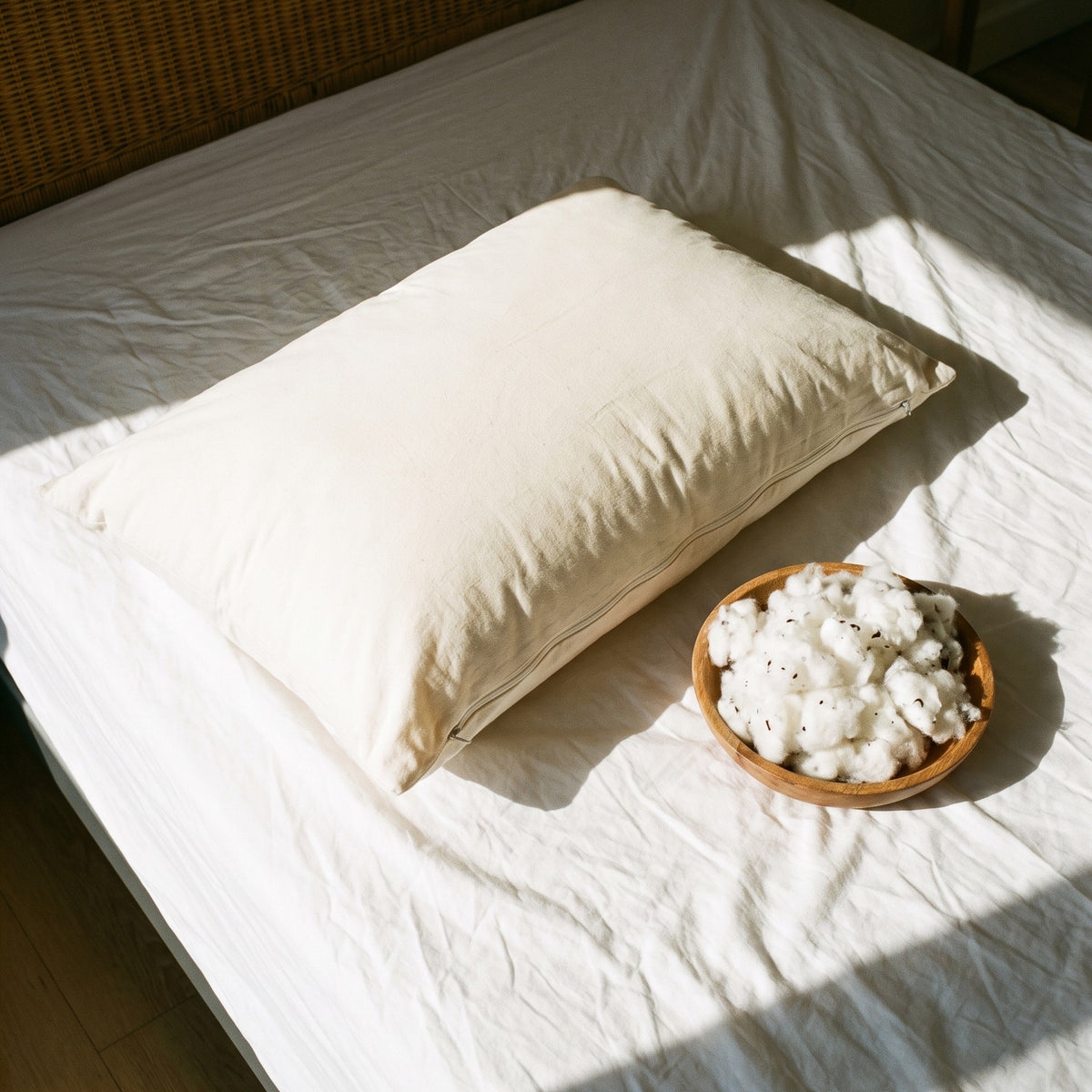 Circadian Organic Cotton Pillow zipped closed on a white sheet, with a small wooden bowl of its cotton fill beside it.