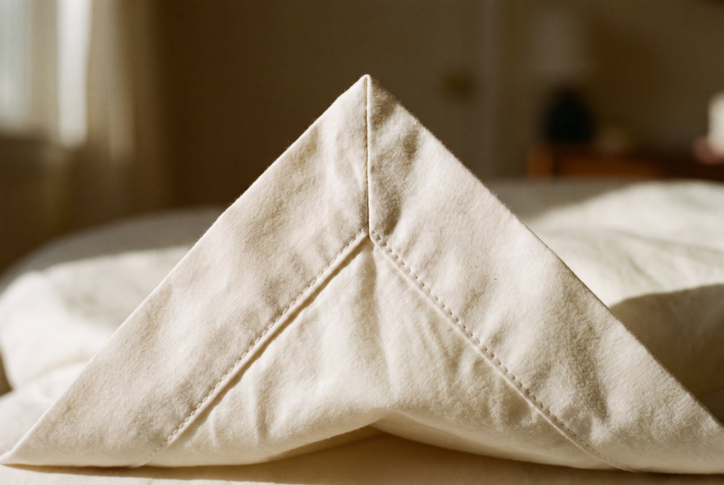 Close view of the sateen weave at a folded corner, same cloth both sides