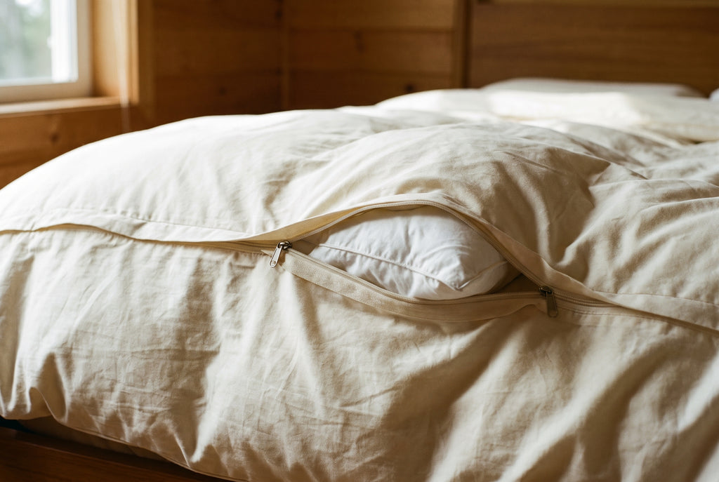 The zipper closure along one side of the duvet cover