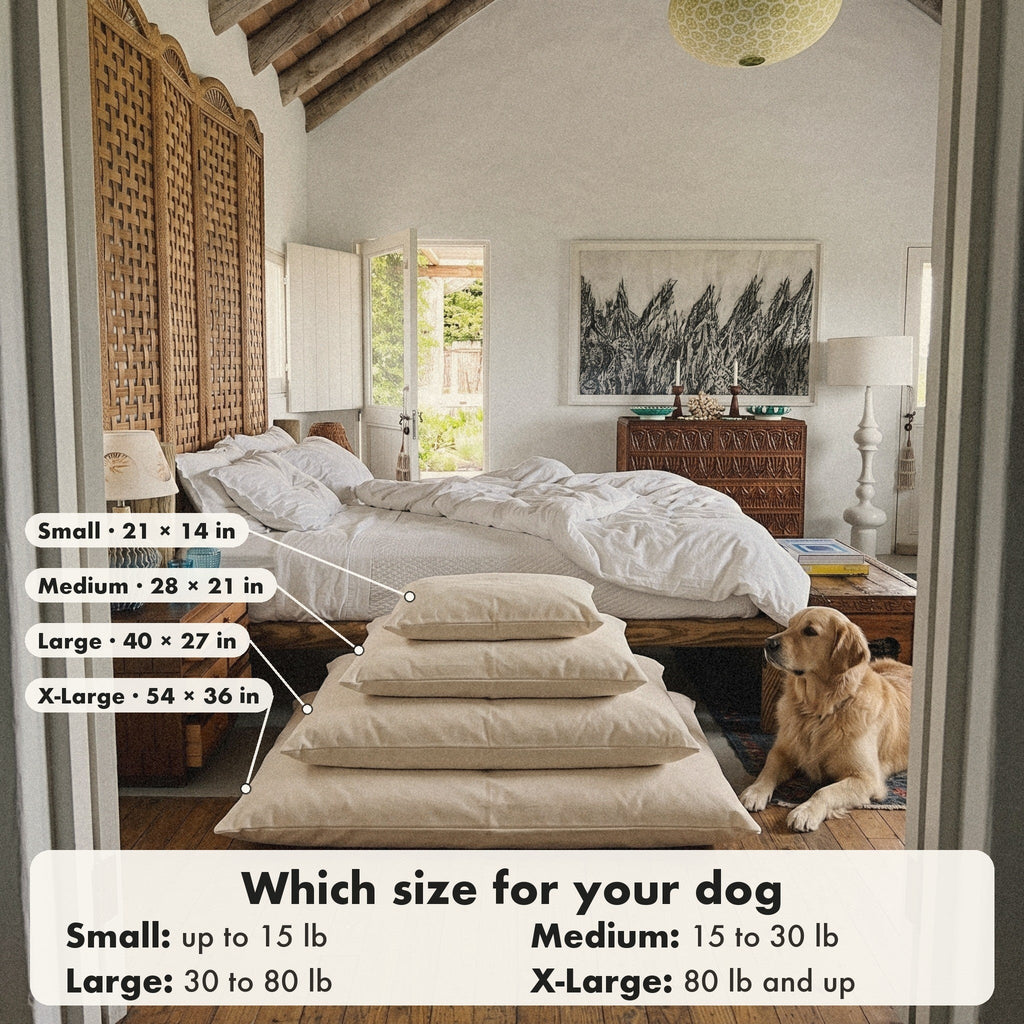 Four Circadian dog beds stacked, X-Large to Small, with a size guide by weight.