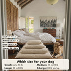 Four Circadian dog beds stacked, X-Large to Small, with a size guide by weight.