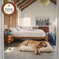 A golden retriever asleep on the Circadian dog bed. Seal: handmade in the USA.