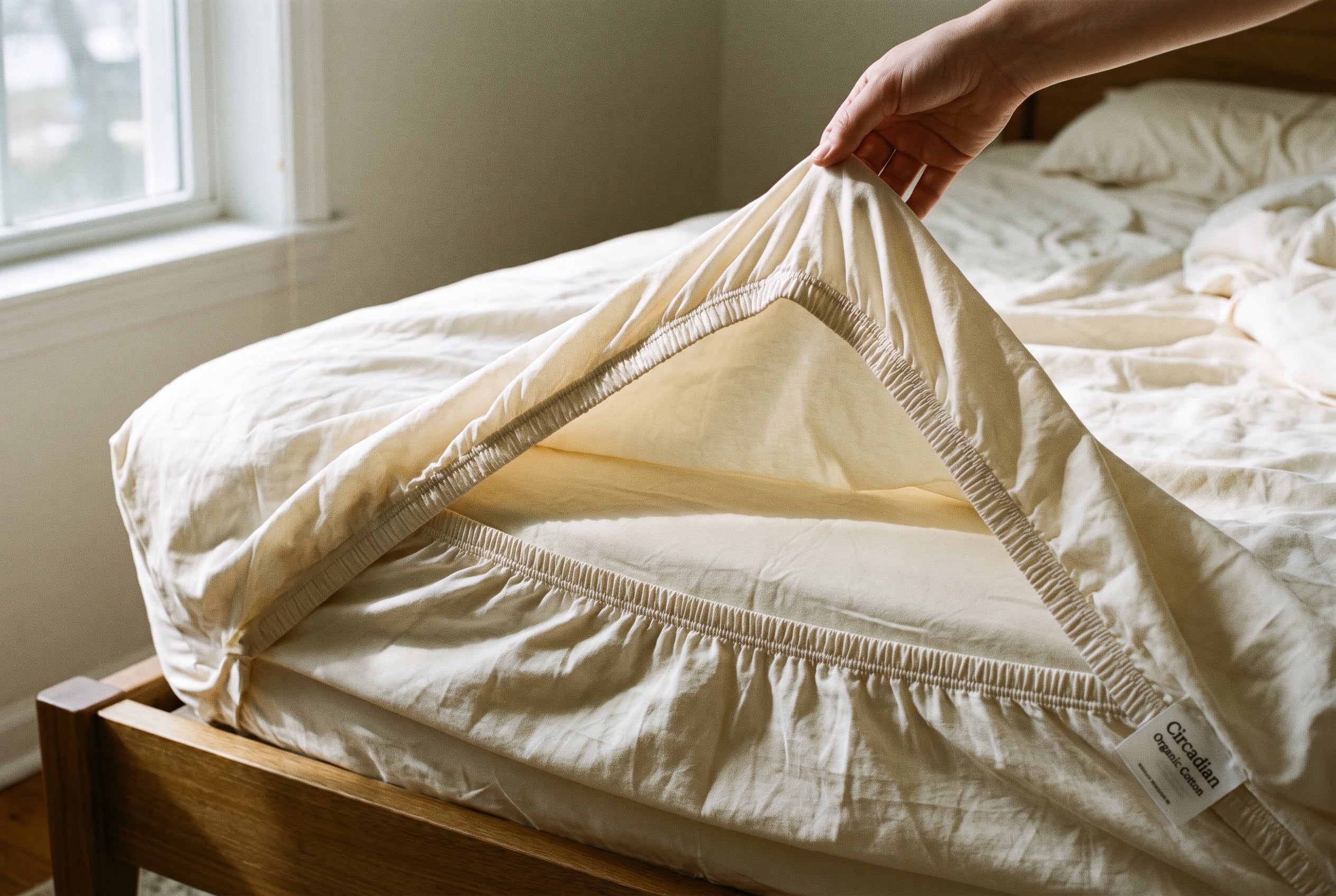 The corner of the fitted sheet lifted to show the 15 inch pocket and elastic