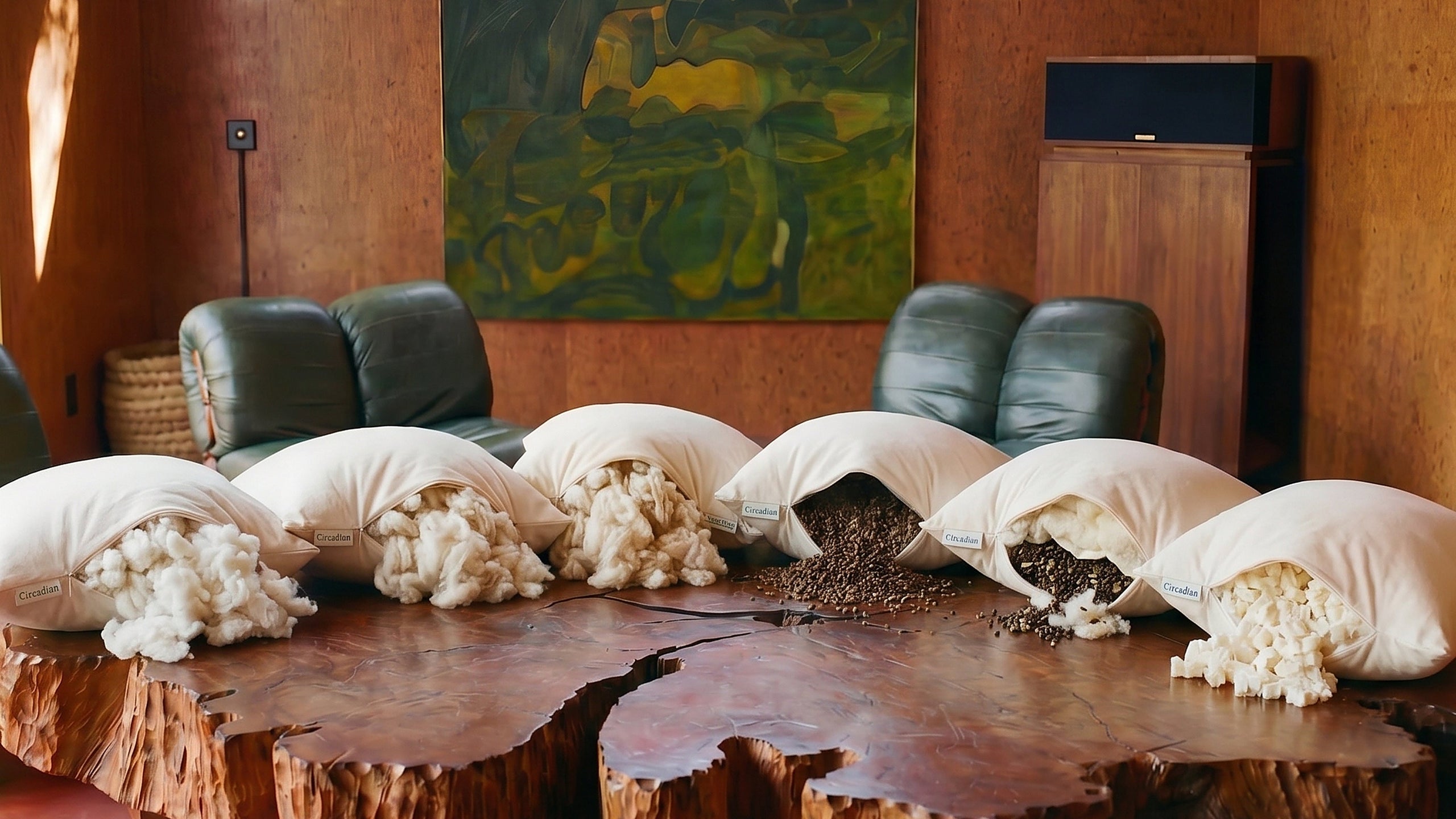 Six Circadian natural pillows in a row on a redwood table — high-resolution homepage hero