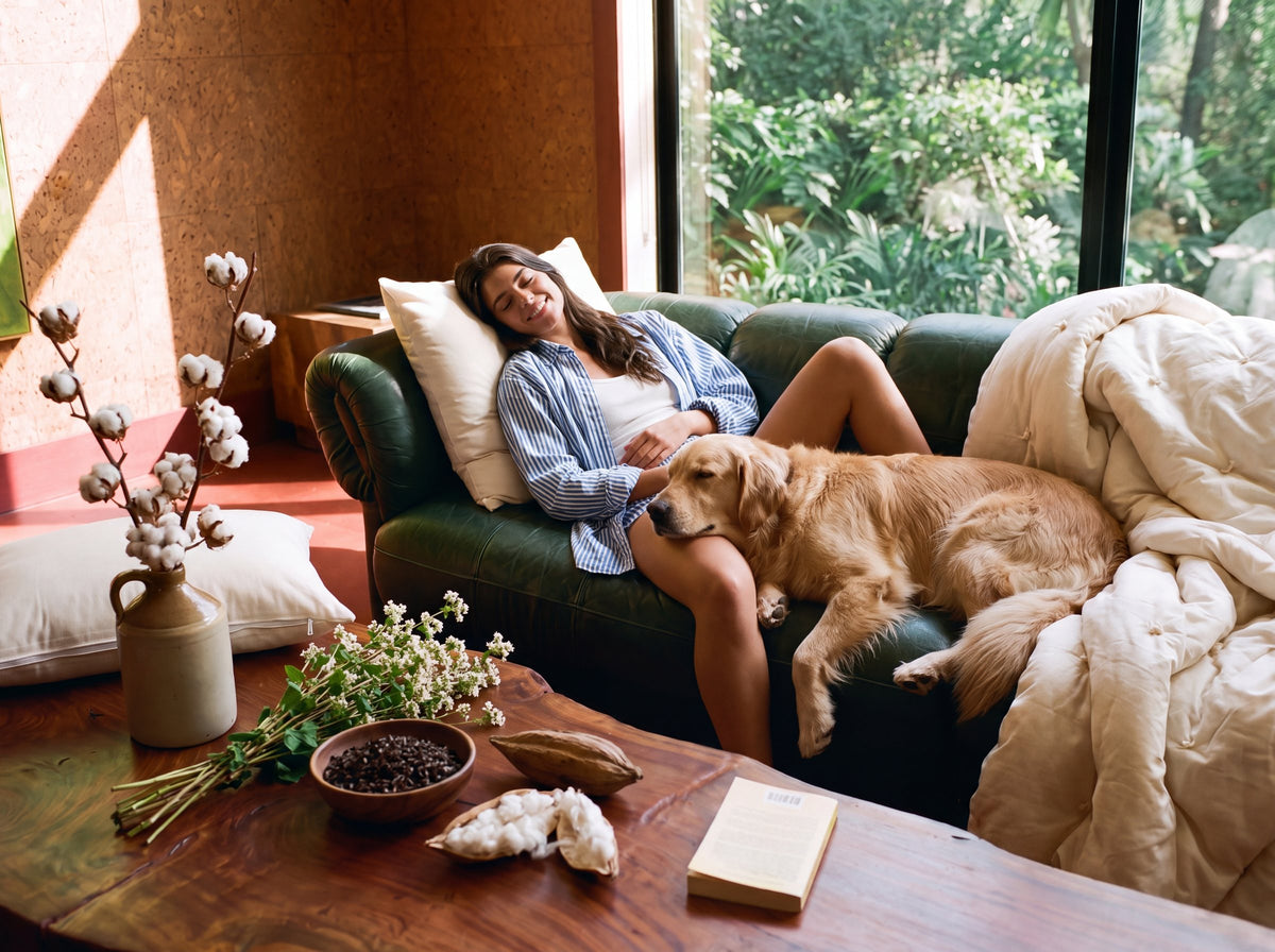 A woman smiling in her sleep on a green leather sofa with a golden retriever resting across her legs, next to cotton stems, buckwheat flowers and an open kapok pod on the table.