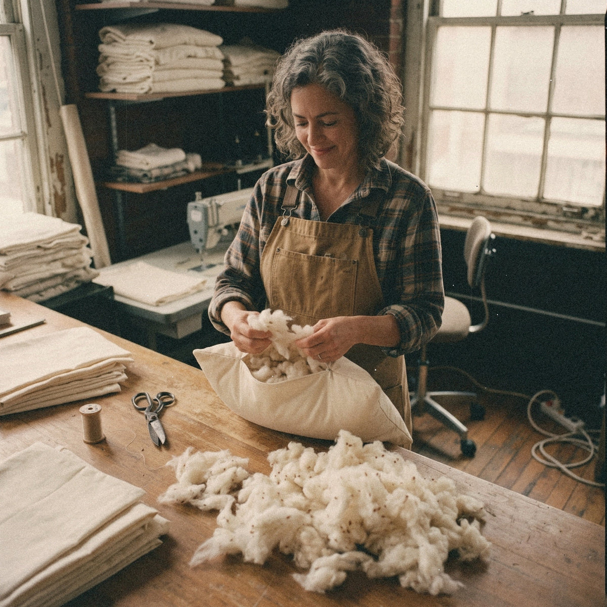 A woman in a New Jersey sewing workshop fills an organic cotton pillow cover by hand.