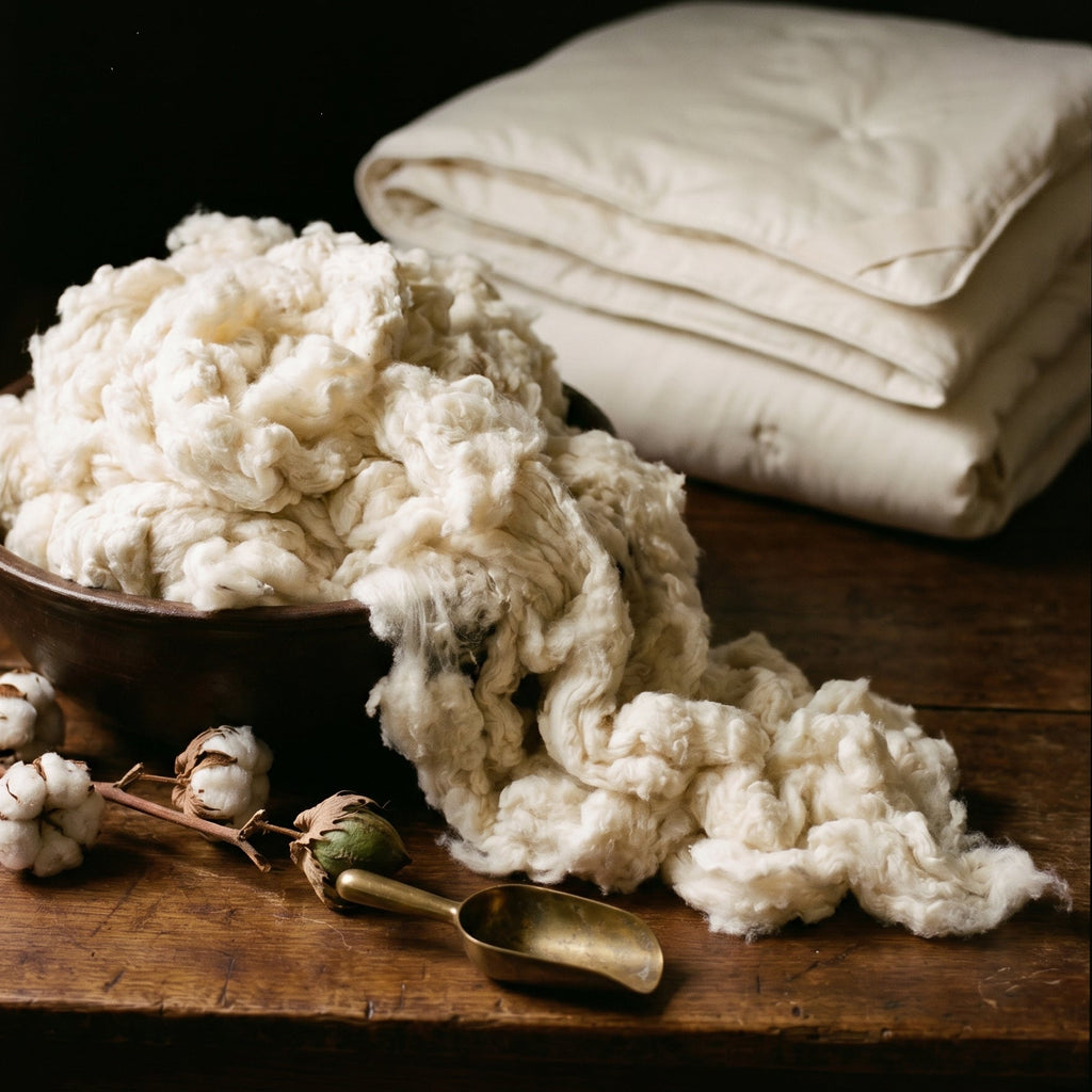 Still life of raw organic cotton fiber in a wooden bowl with cotton bolls and a brass scoop, folded Circadian organic cotton duvet behind