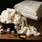 Still life of raw organic cotton fiber in a wooden bowl with cotton bolls and a brass scoop, folded Circadian organic cotton duvet behind