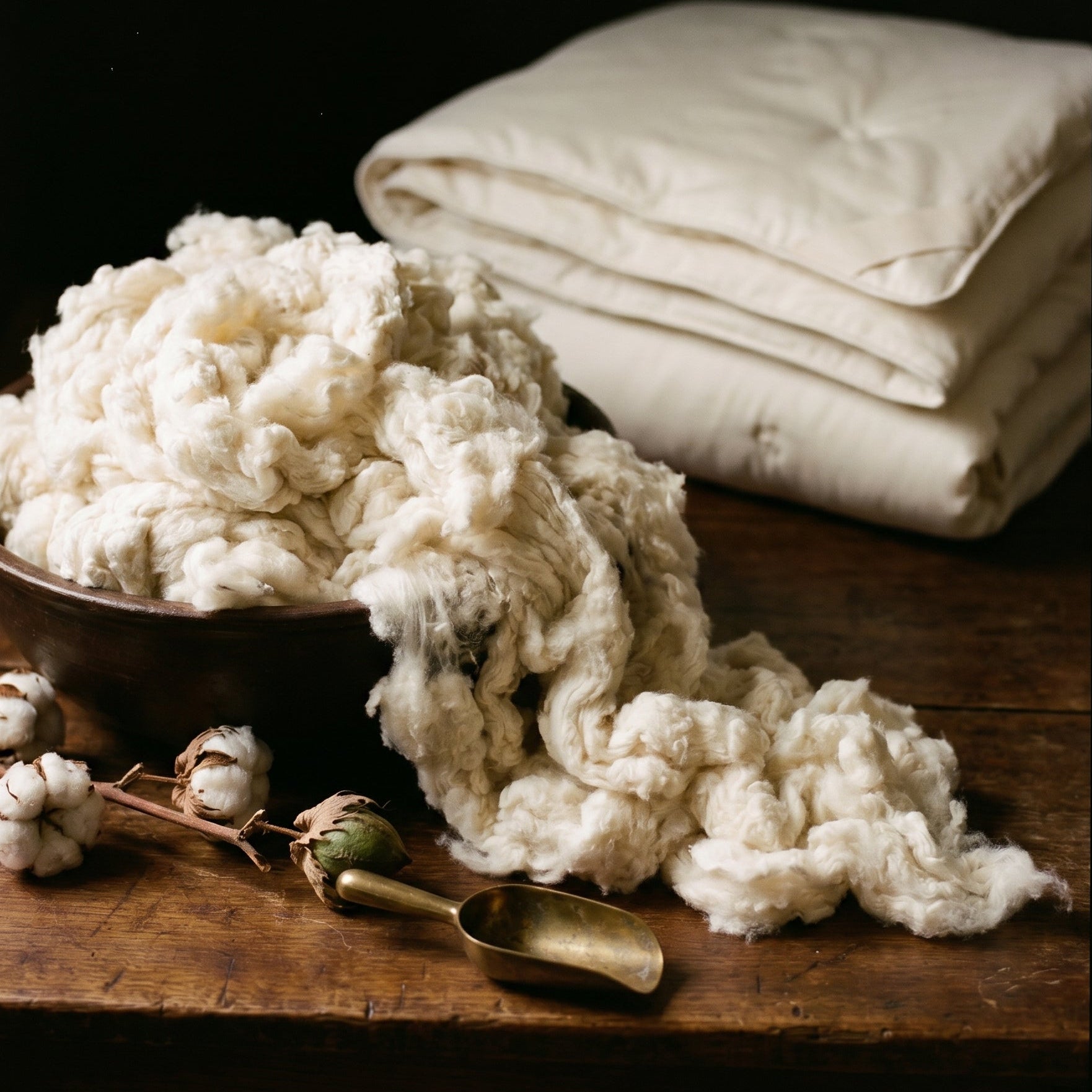 Still life of raw organic cotton fiber in a wooden bowl with cotton bolls and a brass scoop, folded Circadian organic cotton duvet behind