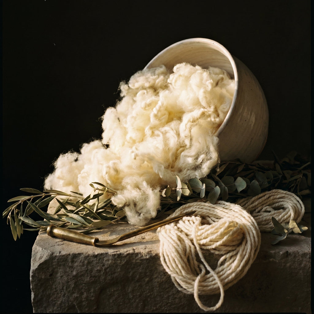 Still life of raw long-staple organic wool fiber in a wooden bowl with a brass scoop, folded Circadian organic wool duvet behind