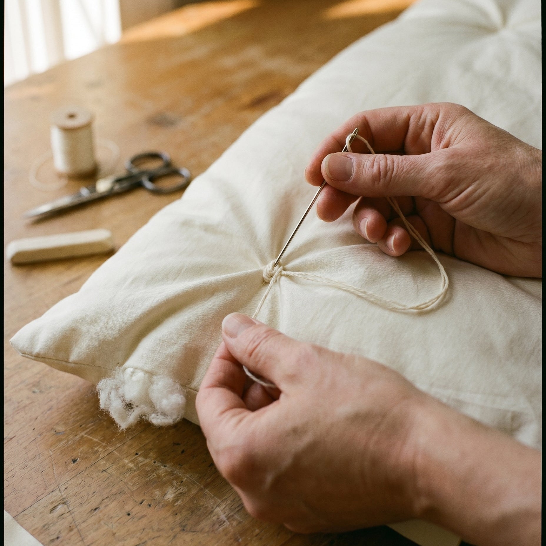 Workshop view of the hand-tufting process at the New Jersey facility where Circadian duvets are made