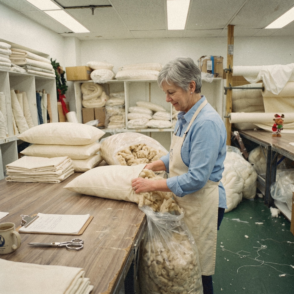 Filling a kapok pillow by hand in our New Jersey workshop.