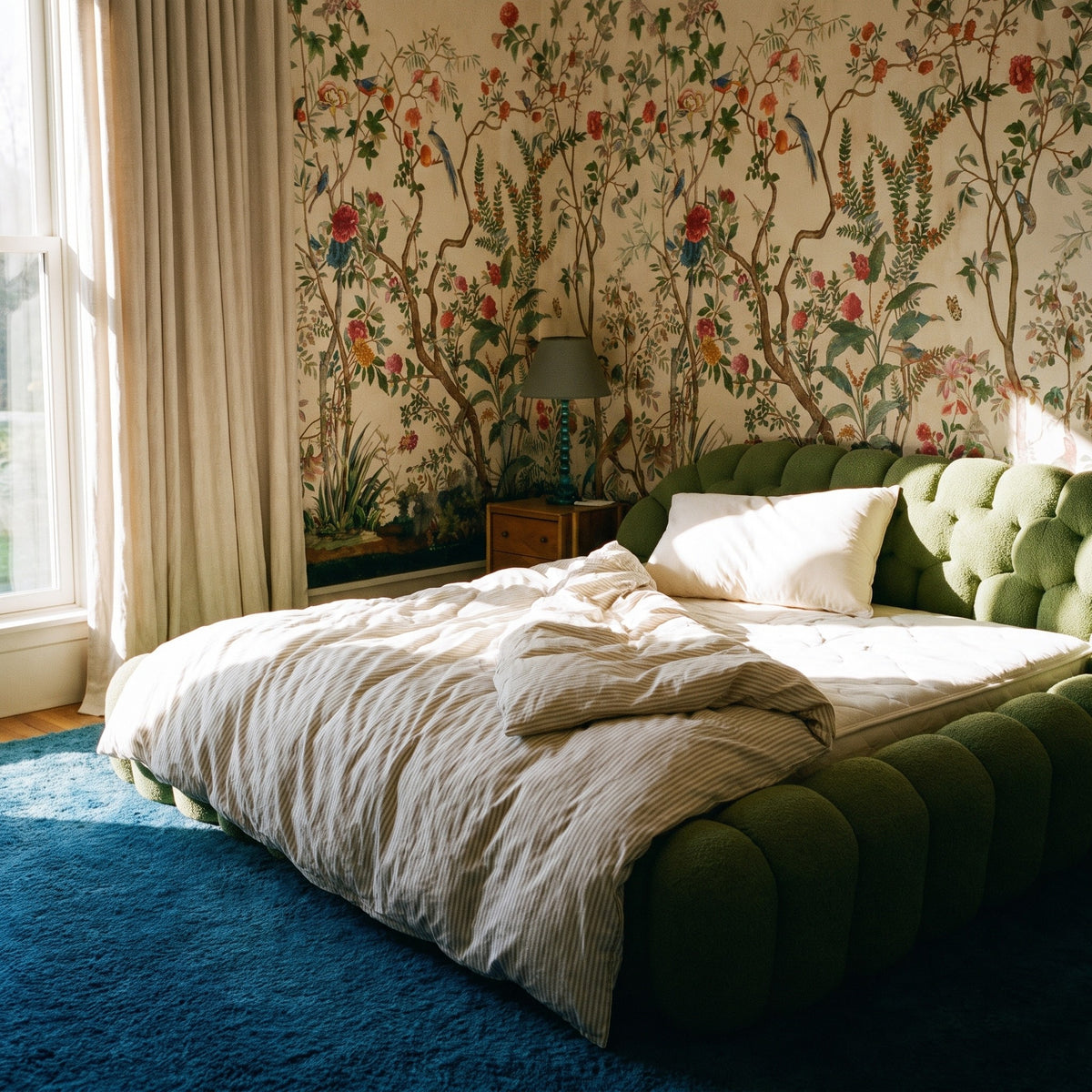 The Wild-Harvested Kapok Pillow at the head of a double bed, showing its standard size against the mattress.