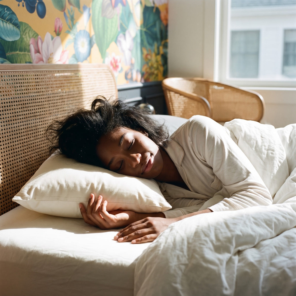 A woman asleep with her head on the Wild-Harvested Kapok Pillow, smiling in morning light.