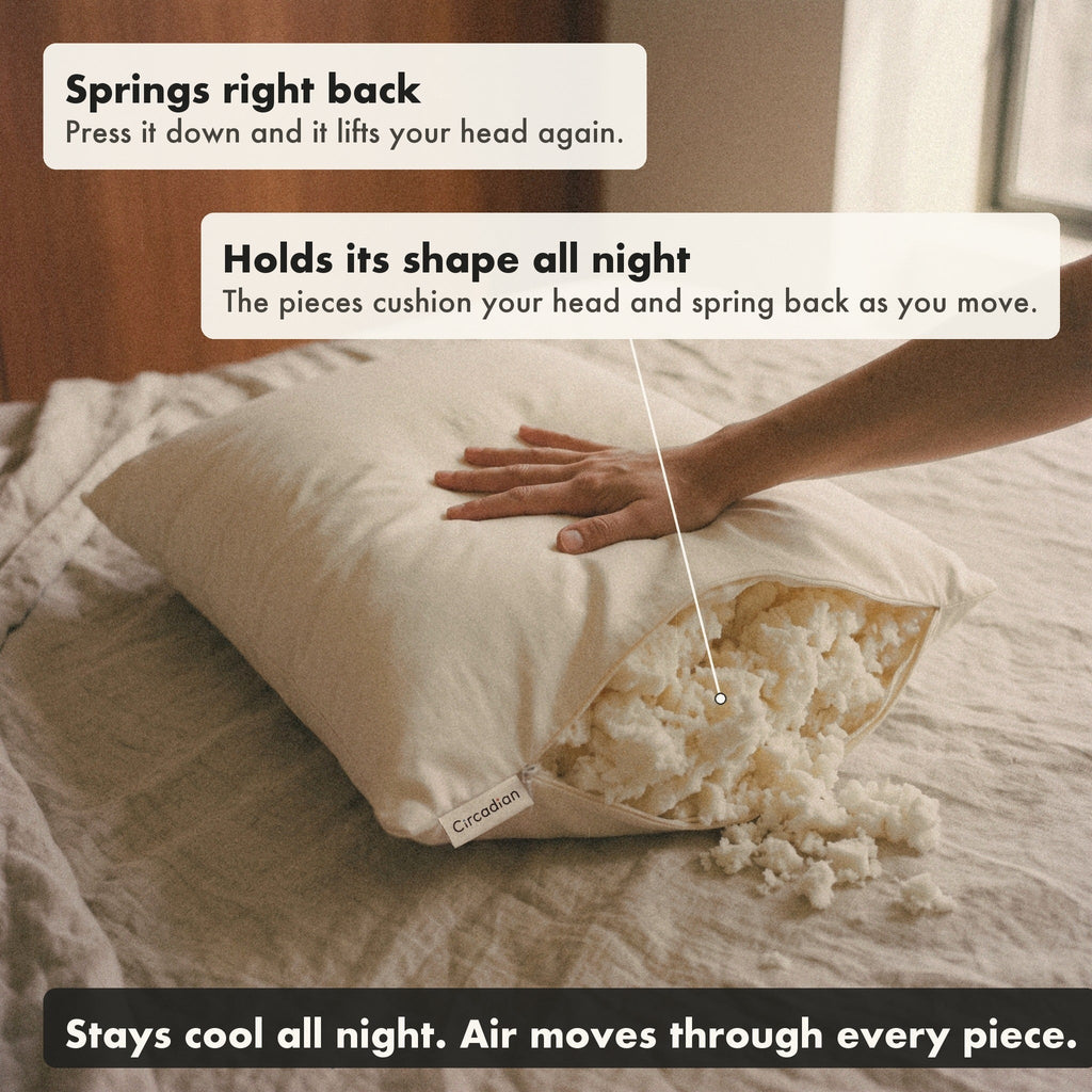 A hand presses down on the Tree-Tapped Latex Pillow on a linen bed, latex showing at the open end, with labels: springs right back, holds its shape all night, stays cool all night.
