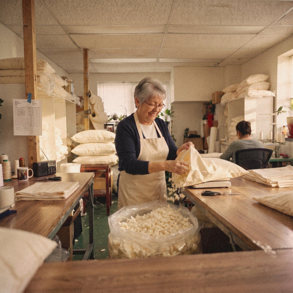 A worker in the New Jersey workshop fills a Circadian pillow cover by hand with shredded latex.