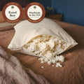 A Circadian Tree-Tapped Latex Pillow on a bed with its zipper open and soft, airy pieces of latex spilling out, with seals: rated Best by The Clean List, and handmade in the USA.