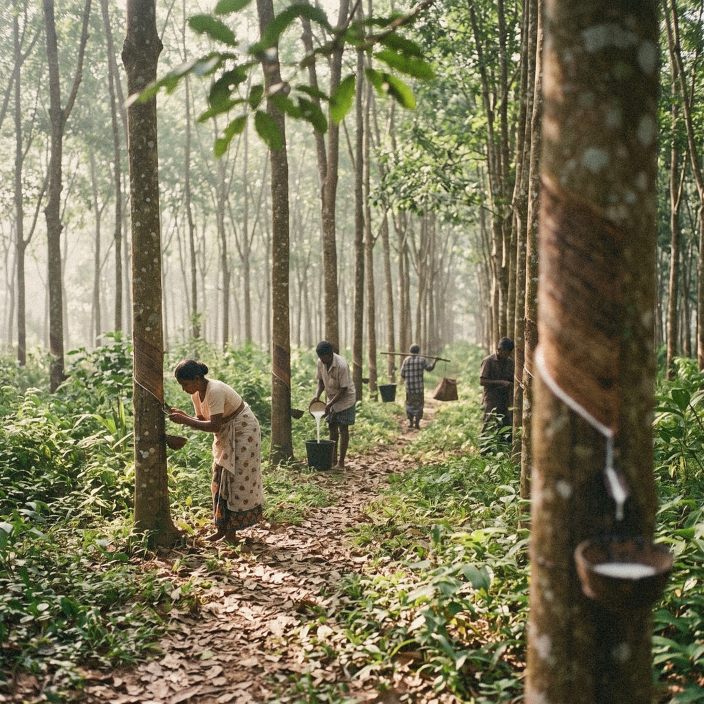 Workers tap rubber trees on a plantation, white latex running down the cut bark into a coconut-shell cup.