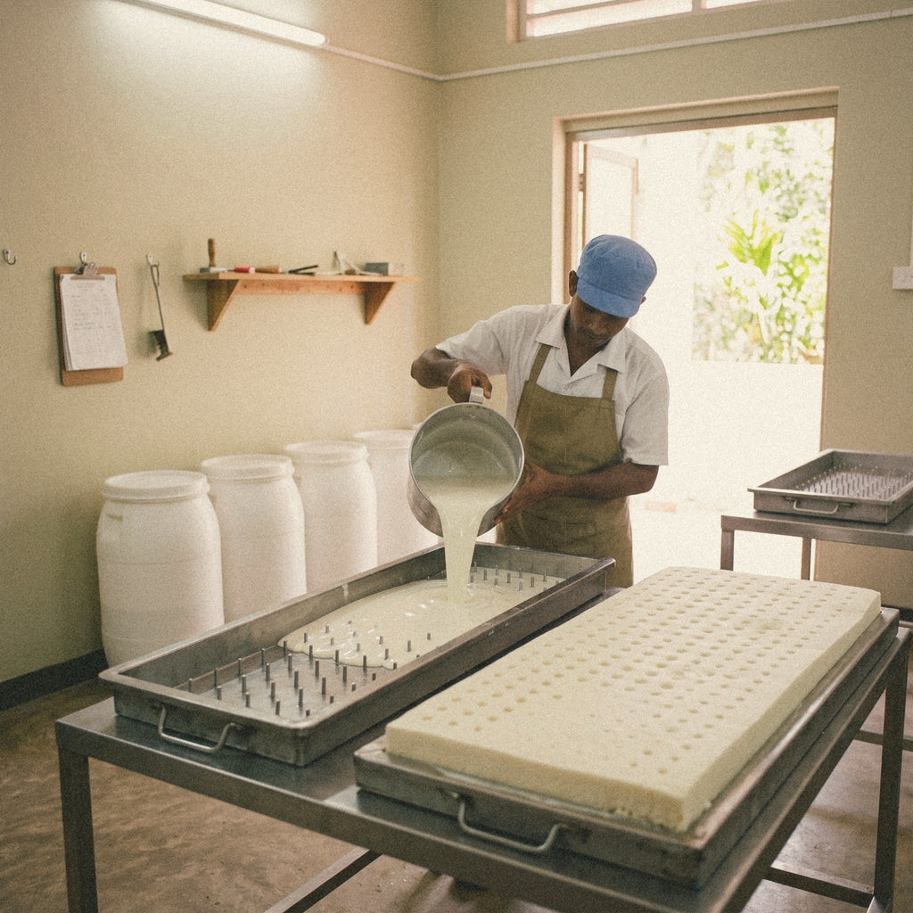 A worker slowly pours liquid latex into a pin mould beside a finished slab of slow-pour Dunlop latex.