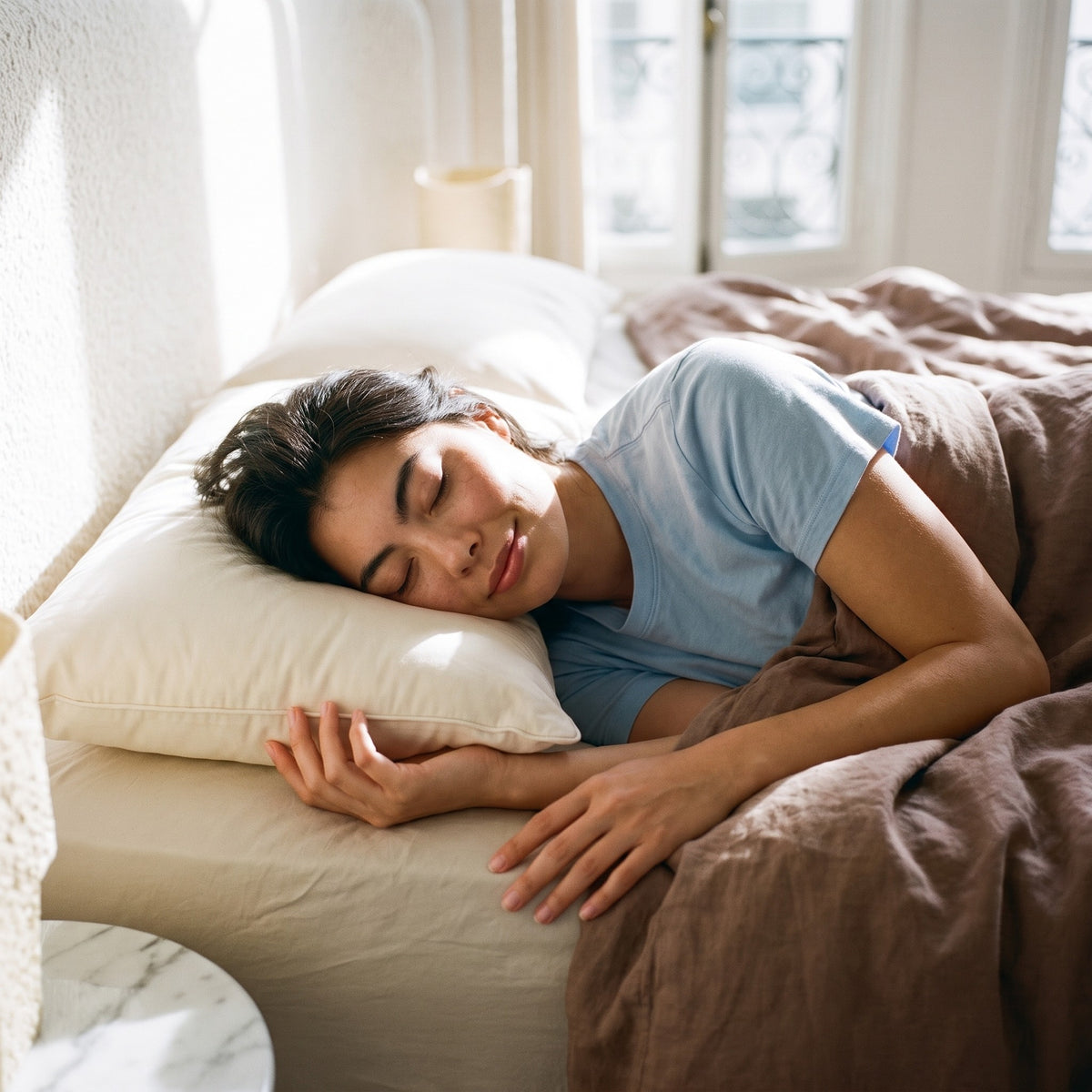 A woman asleep on her side with her head on the Tree-Tapped Latex Pillow, smiling.
