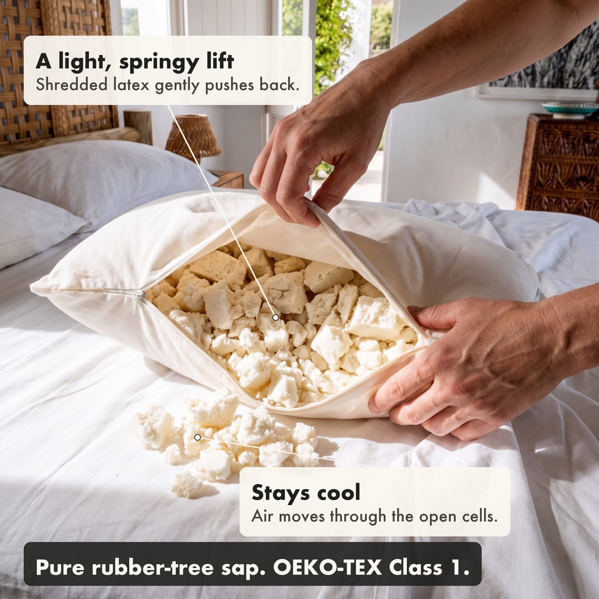 The Tree-Tapped Latex Pillow opened at the zipper to show its fill. A light, springy lift: Shredded latex gently pushes back. Stays cool: Air moves through the open cells. Pure rubber-tree sap. OEKO-TEX Class 1.