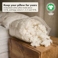 A clear bag of loose organic cotton refill lying open on an oak nightstand beside a bed, a little cotton spilling out, labelled: a Standard cotton pillow holds about 3.3 lb, bags of 1, 3, 5 and 10 lb, with the GOTS label.