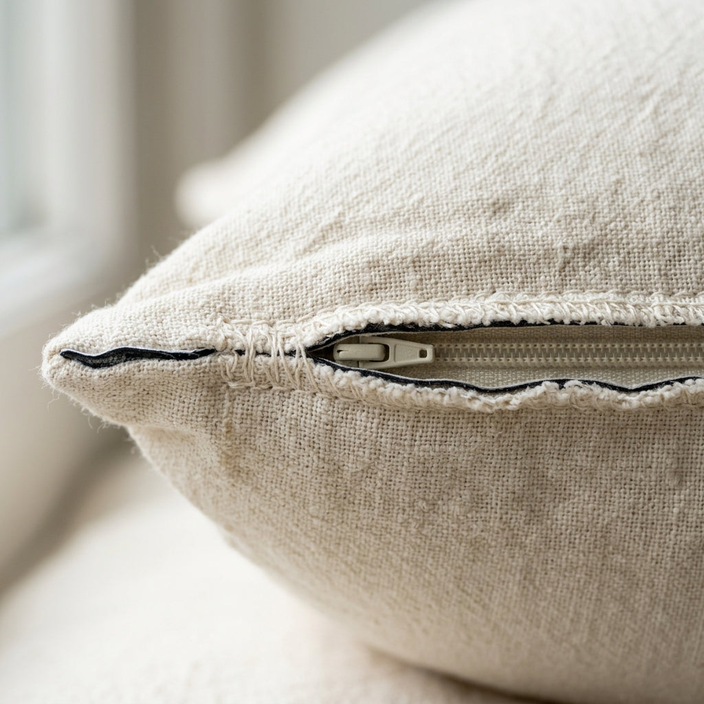 Macro of the concealed zipper and matte organic cotton weave on Circadian's waterproof pillow protector