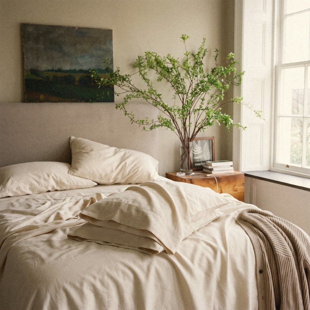 A folded pair of organic cotton sateen pillowcases on the end of a rumpled bed.