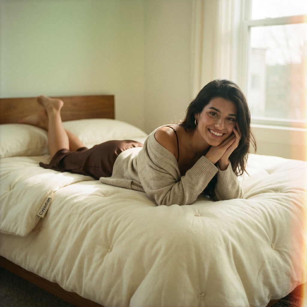 Woman lying on the Circadian Organic Wool Duvet in morning light, moisture-wicking GOTS-certified wool fill