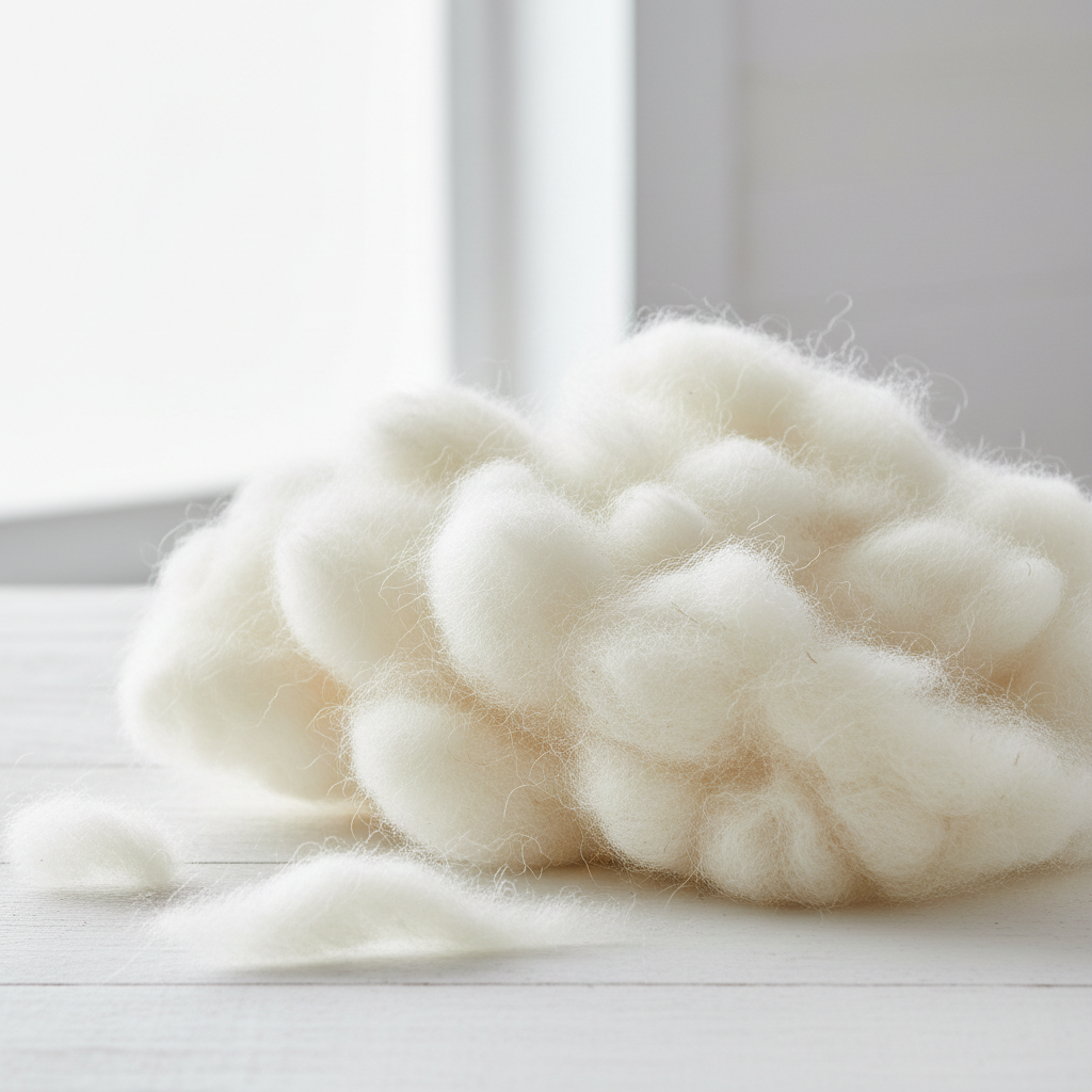 Organic wool fibers close-up — natural, chemical-free pillow fill material