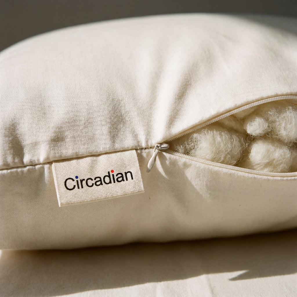 Concealed zipper and woven Circadian tag detail on the Organic Wool Pillow's GOTS-certified sateen cover