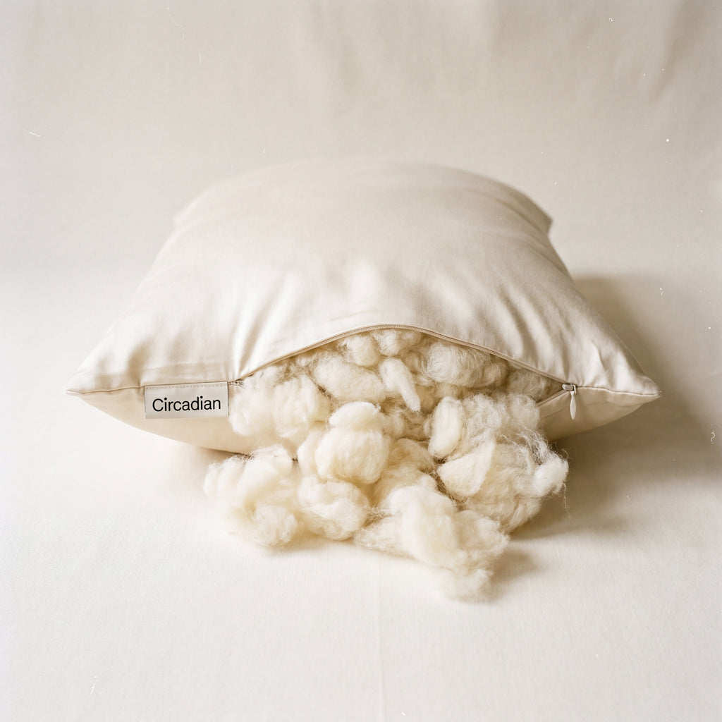 Circadian Organic Wool Pillow, GOTS-certified, with cream cotton cover and carded wool batting visible at the open zipper