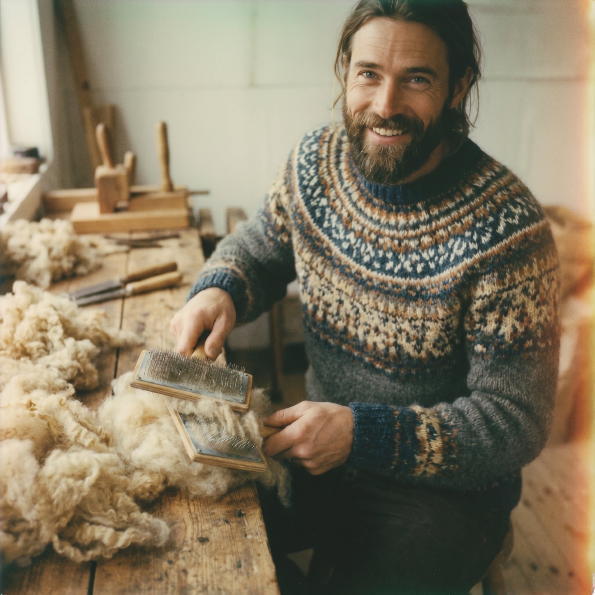 Bearded farmer in Fair Isle sweater carding raw organic wool at a workshop bench — origin of Circadian Organic Wool Pillow fill