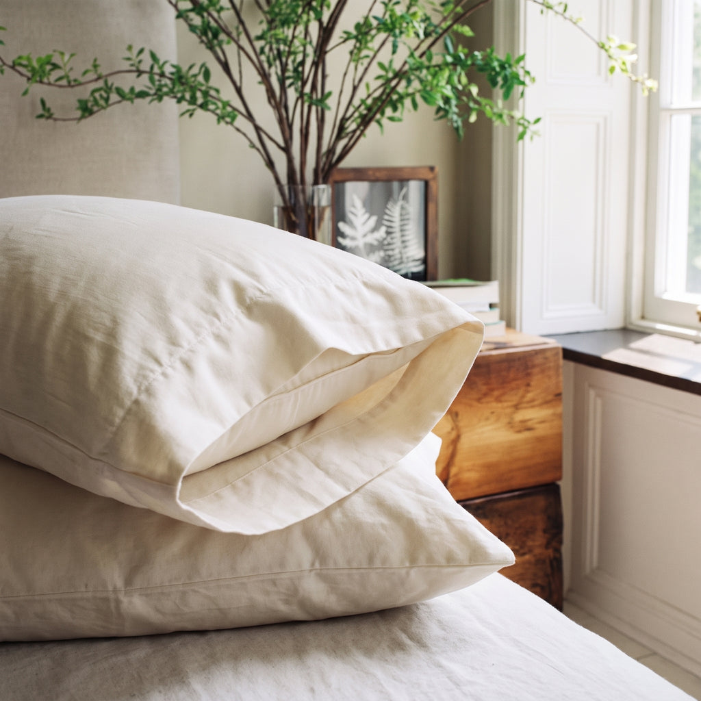 The plain slip-on hemmed opening of an organic cotton pillowcase