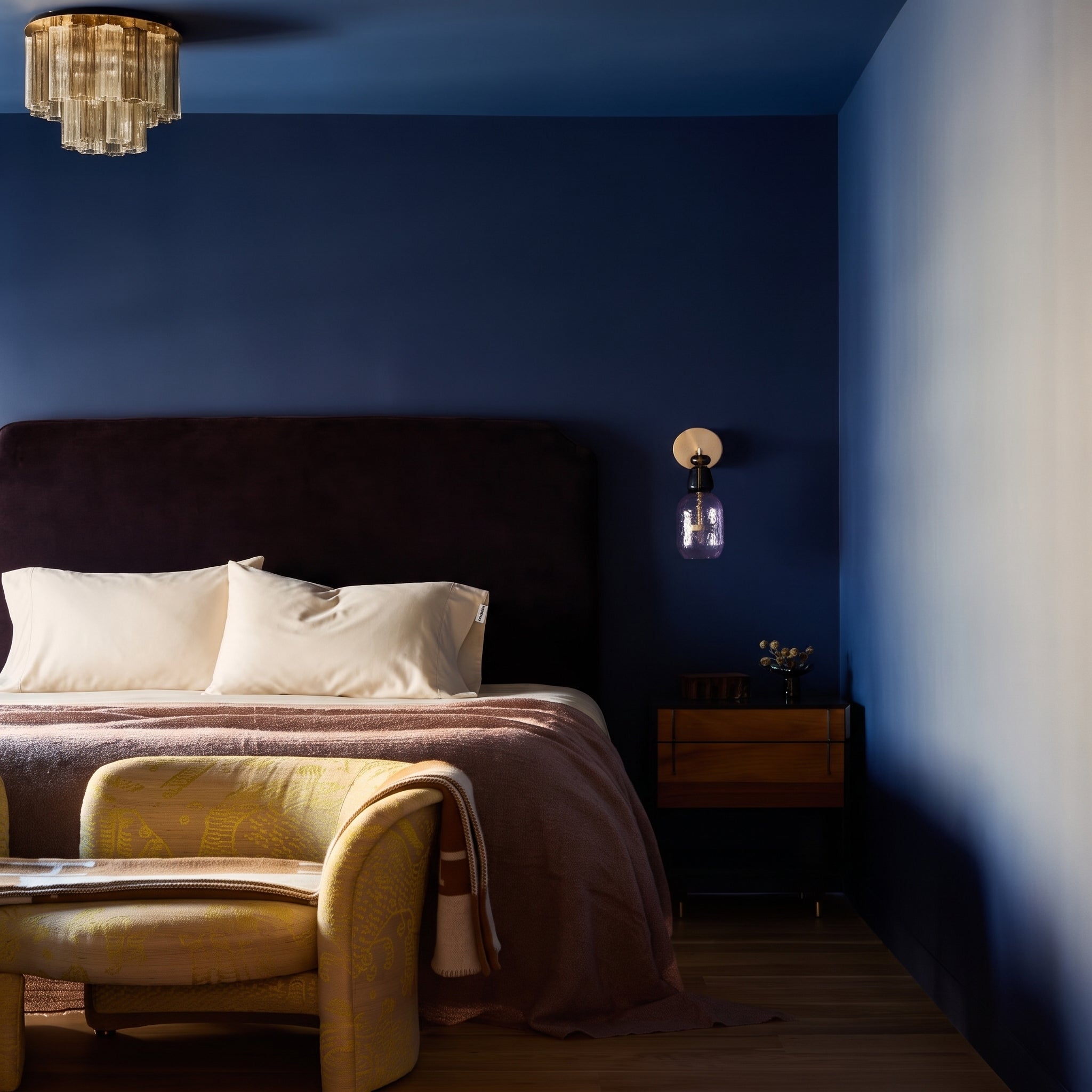 Two pillows in organic cotton pillowcases at the head of a bed