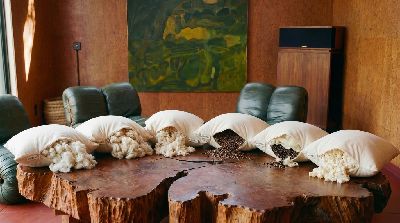The six Circadian natural pillow fills lined up together