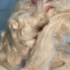 A woman opens our kapok pillow and shows the soft fiber inside.