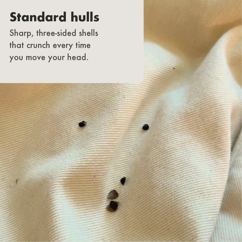 Standard buckwheat hulls, sharp and three-sided, next to Circadian's pre-polished hulls, flat and single-sided, pressed between fingers on cotton.