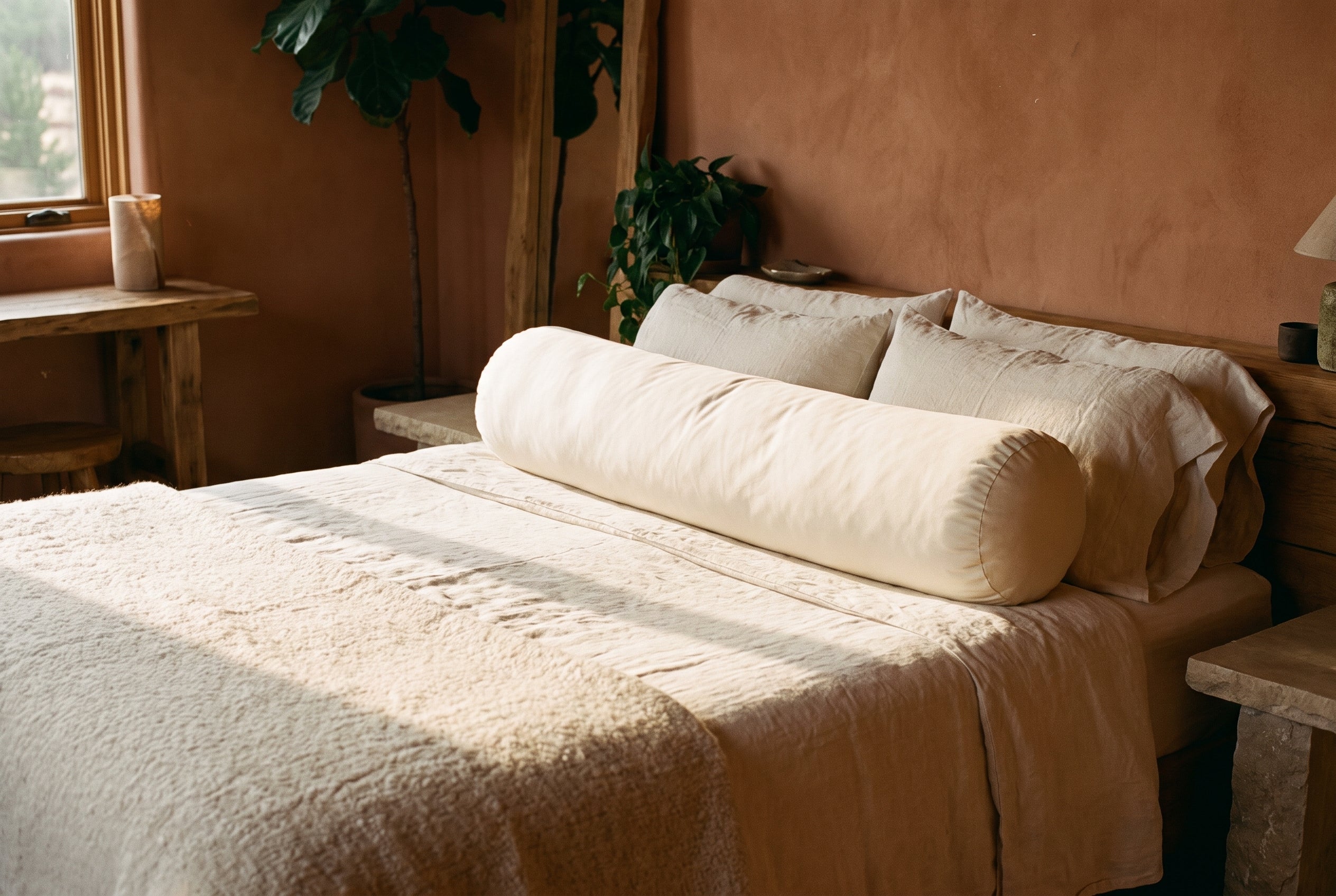 Circadian Body Pillow styled on a made bed in a sunlit earthy-toned bedroom.