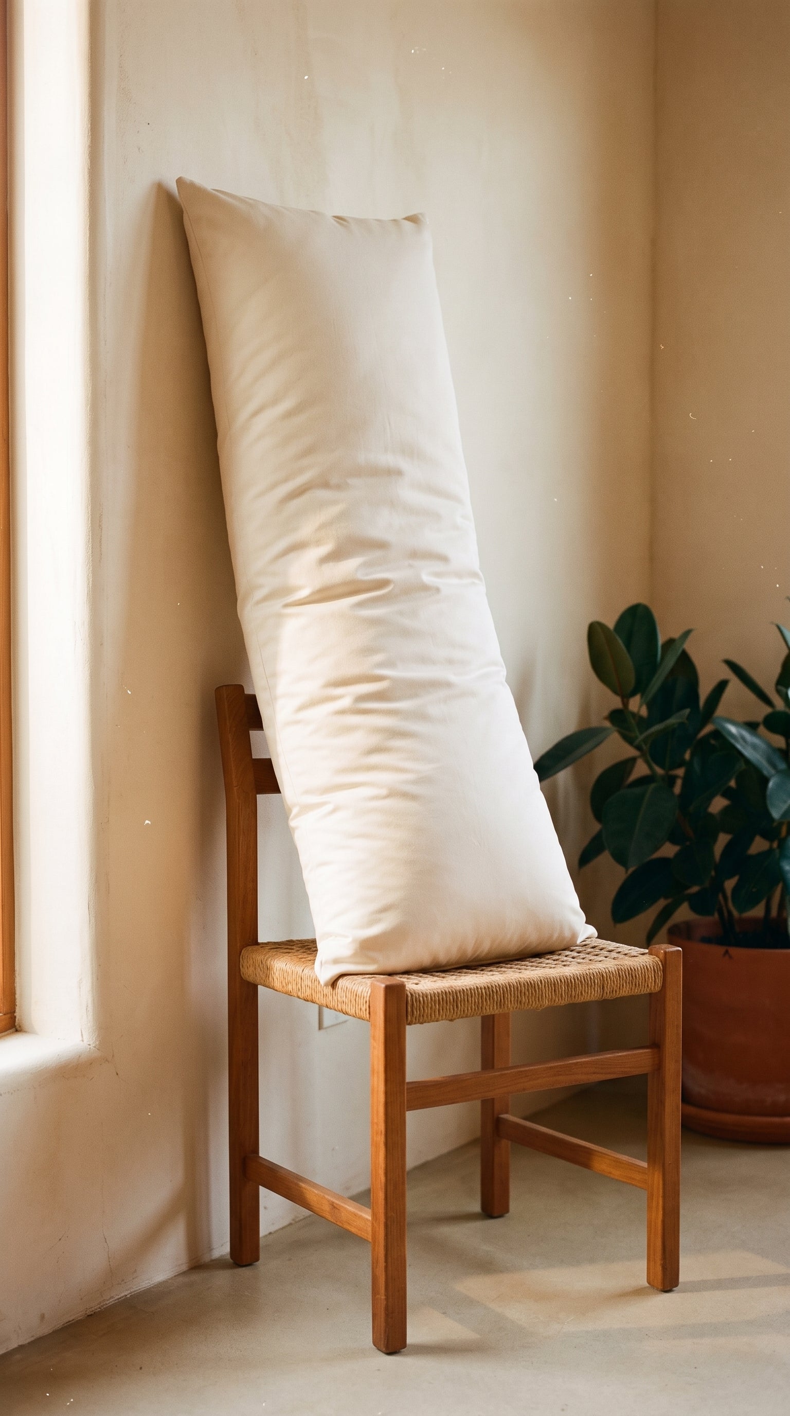 Circadian Body Pillow stood upright against a wall to show its full 72-inch length.