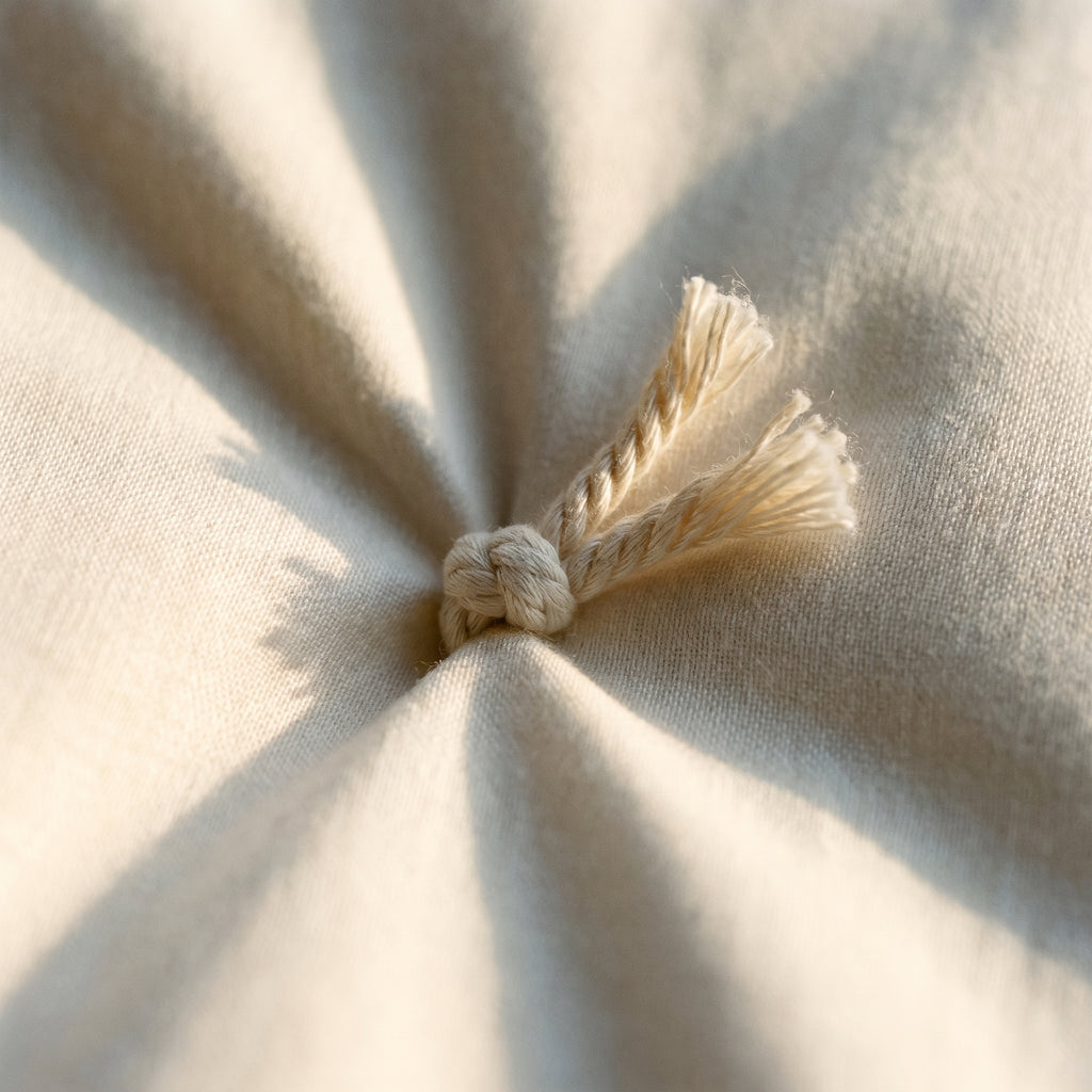 Macro view of a hand-tufted anchor point in the duvet, showing thread securing the cotton fill